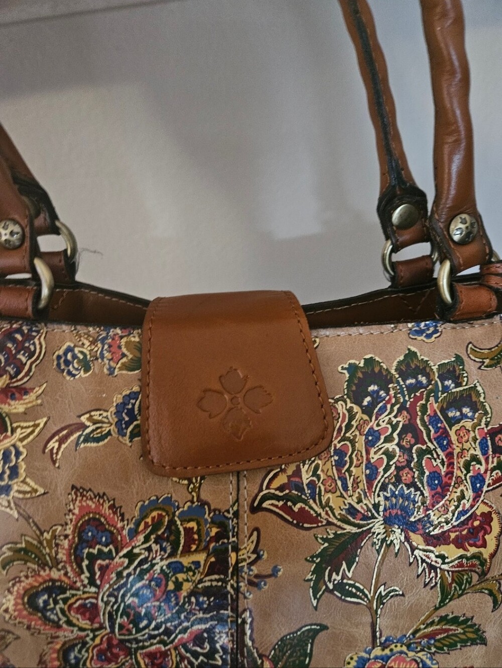 Floral Embossed Tan Leather Tote Bag